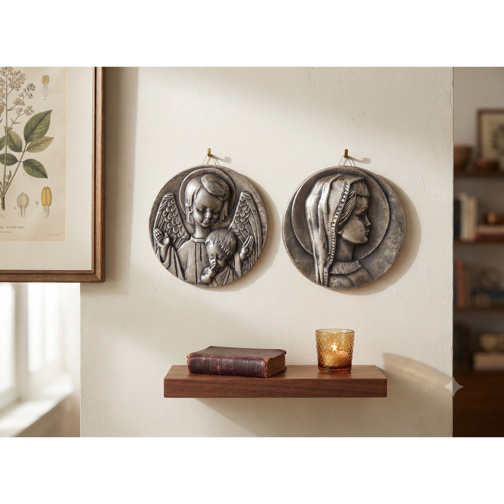 Vintage Pewter Relief Wall Plaques, Set of 2, Made in Spain